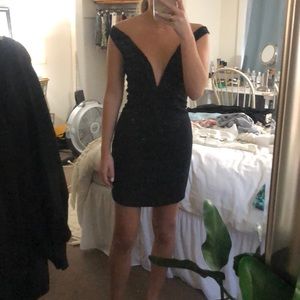 NBD deep V mini black dress